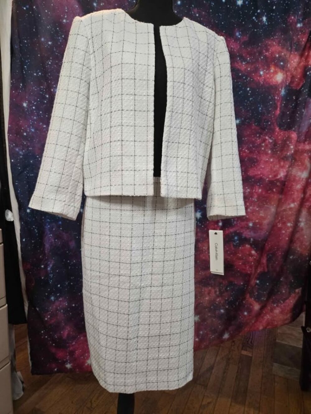Calvin Klein Plus Size 12/14 Tweed White Plaid Suit Set Business Office Blazer
